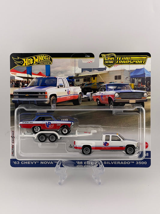 Hot Wheels Premium Car Culture Team Transport #68 '63 Chevy Nova + '88 Chevy Silverado 3500