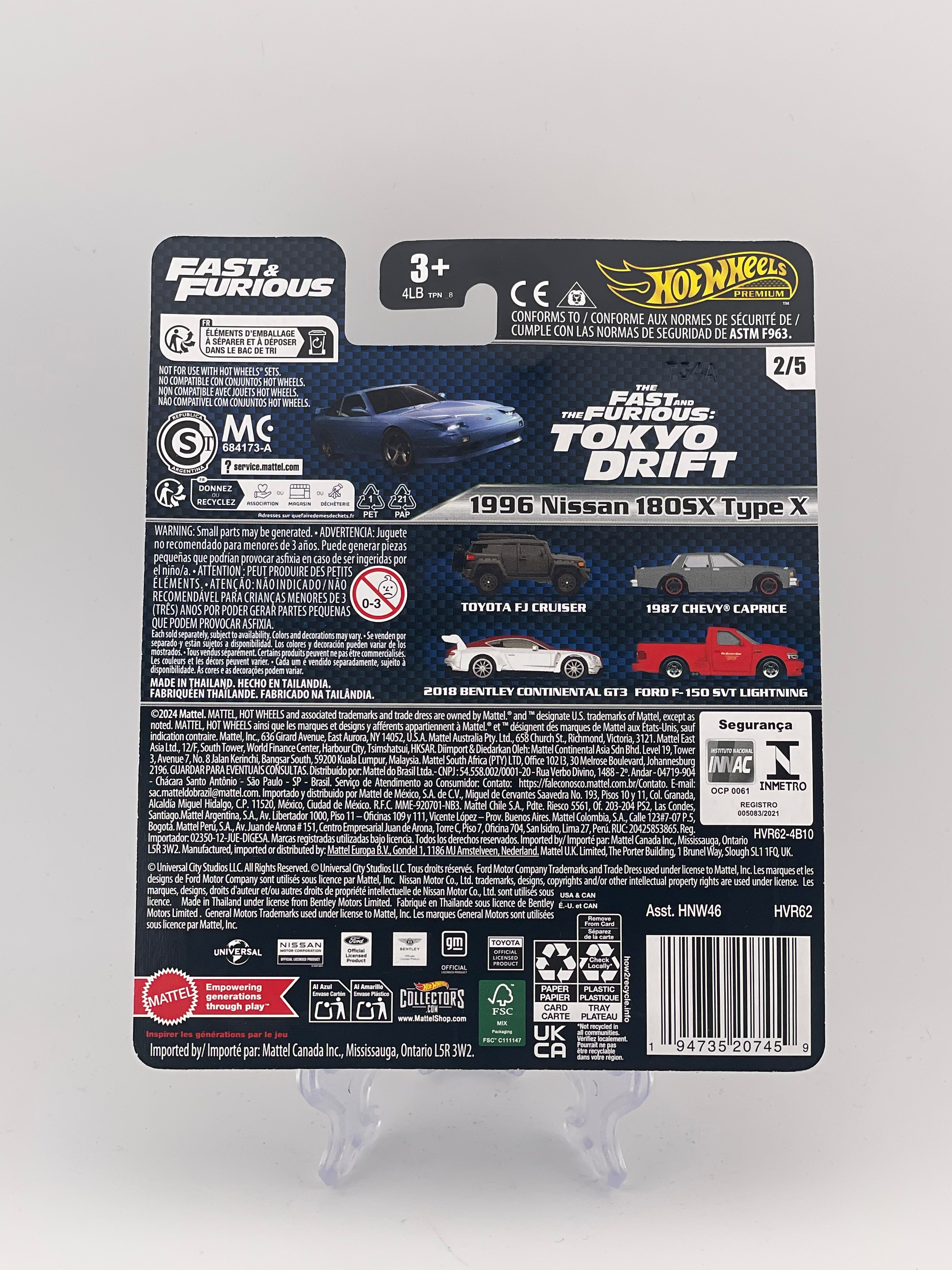 Hot Wheels Premium Fast & Furious 2/5 - Nissan 180SX Type X 1996 Blu, Corpo E Telaio In Metallo